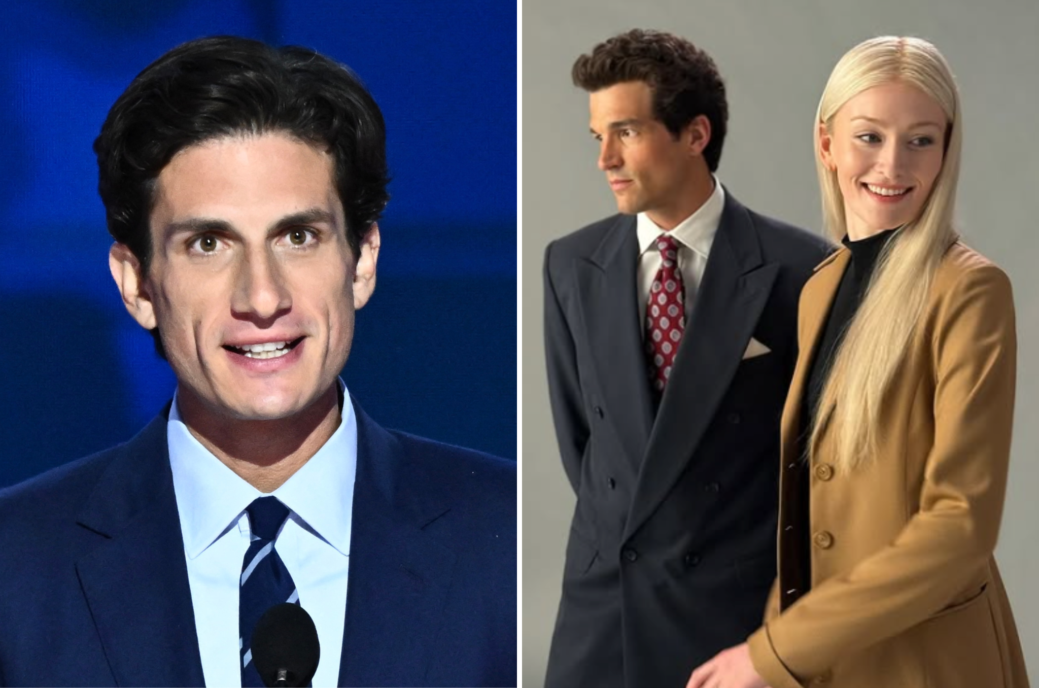 Jack Schlossberg (left) has called out Ryan Murphy's new anthology series 'American Love Story' about his aunt and uncle, played by Sarah Pidgeon and Paul Kelly (right)