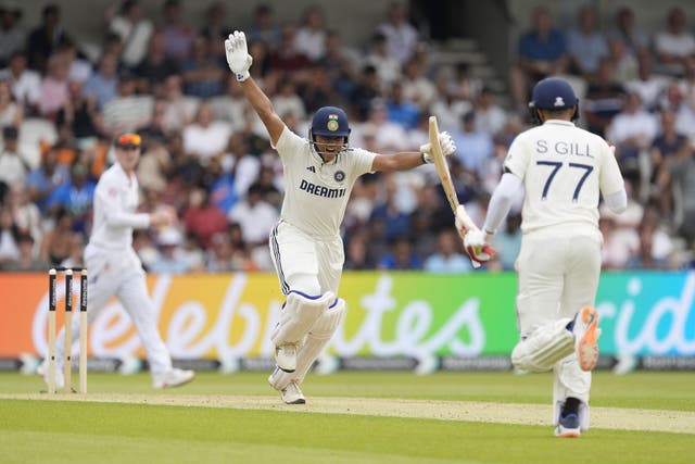 Yashasvi Jaiswal celebrates his century at Headingley (Danny Lawson/PA)