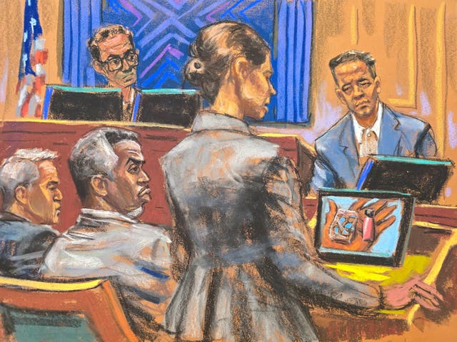 <p>Sean "Diddy" Combs listens as Assistant U.S. Attorney Christy Slavik questions Brendan Paul during Combs' sex trafficking trial in New York City, New York, U.S., June 20, 2025 in this courtroom sketch. REUTERS/Jane Rosenberg</p>