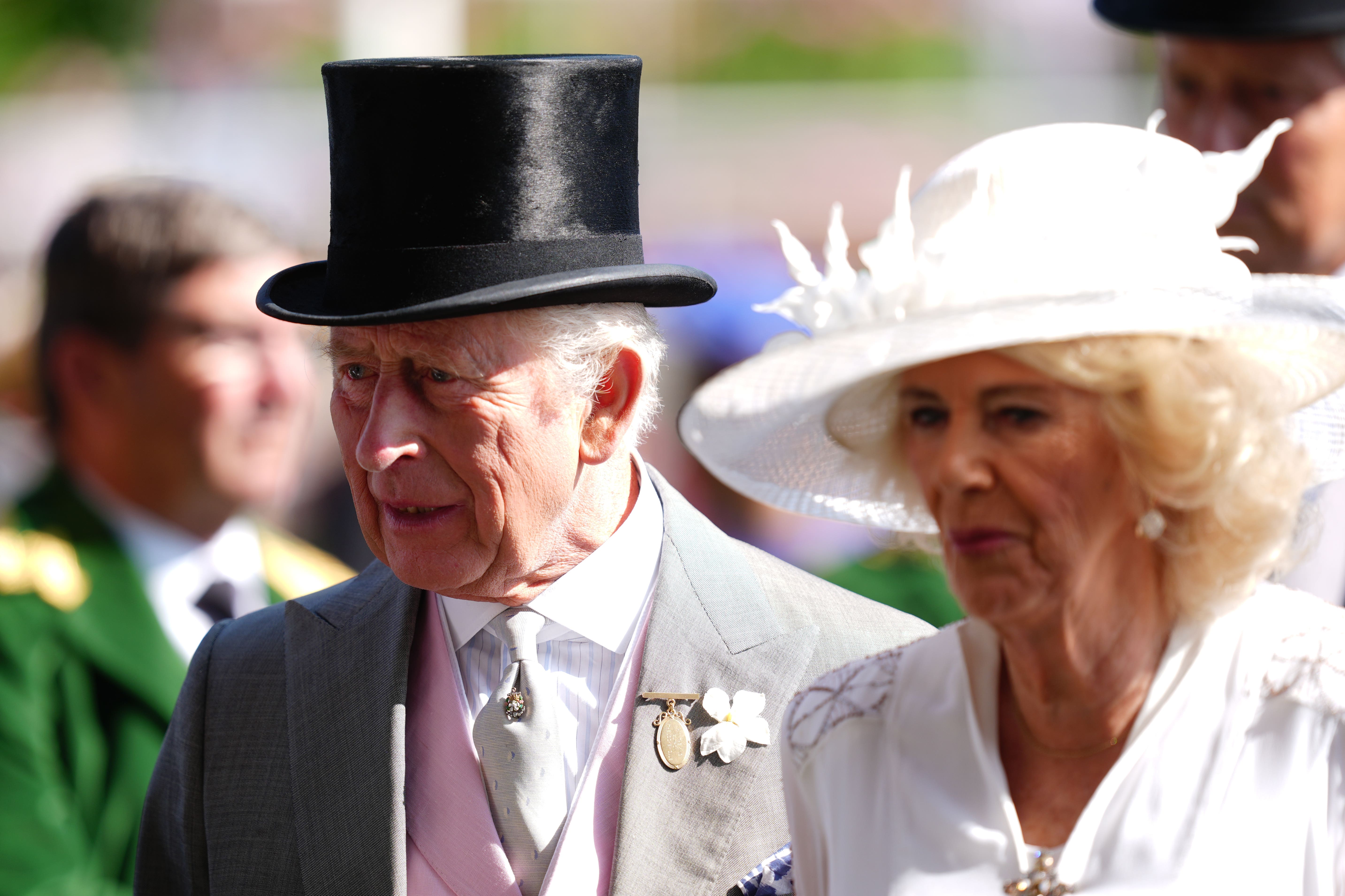 Charles and Camilla in the parade ring before the Sandringham Stakes on day four of Royal Ascot (David Davies/PA)
