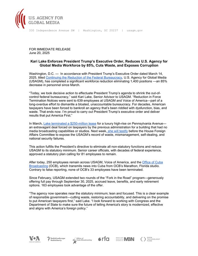 Letter from Kari Lake announcing that 85 percent of the workforce of Voice of America has now been reduced following Friday's layoffs.