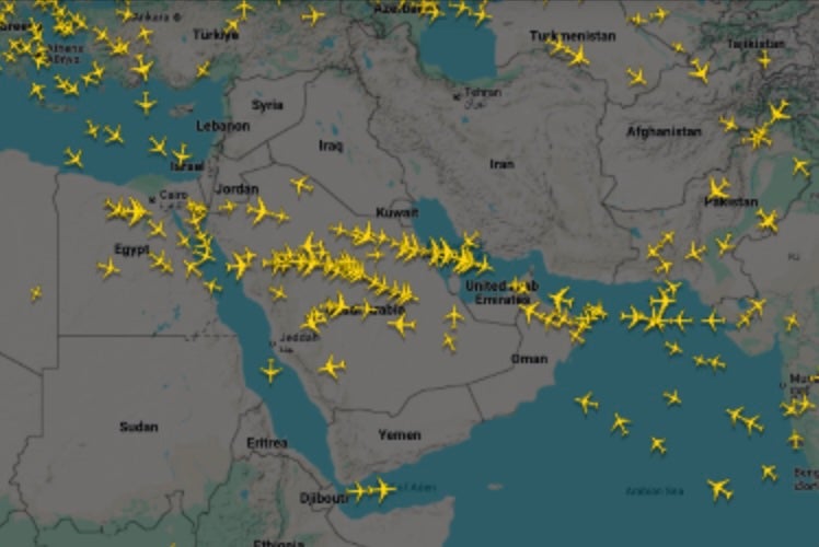 Some Middle Eastern countries, including Israel Iran, and their surrounding nations of Lebanon, Syria, Iraq and Kuwait, had no flights coming in or out late Friday afternoon, according to the map