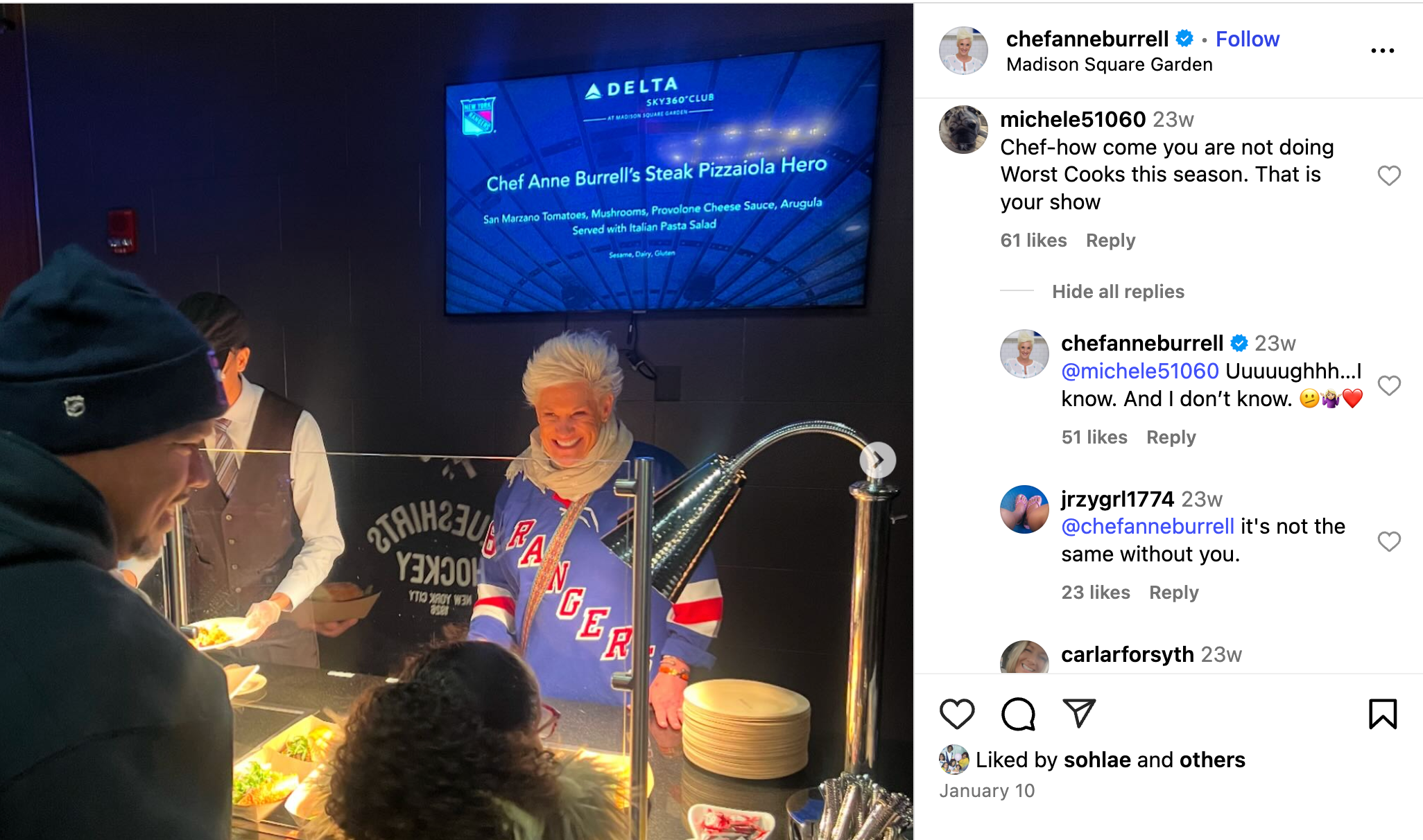 Anne Burrell responde a una pregunta en Instagram preguntando por qué no es organizar la última temporada de los peores cocineros