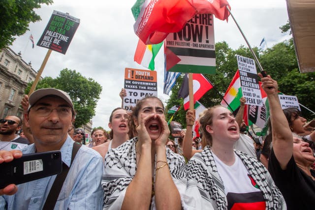 <p>Thousands of pro-Palestine protesters marched towards Whitehall from Russell Square in central London on Saturday</p>