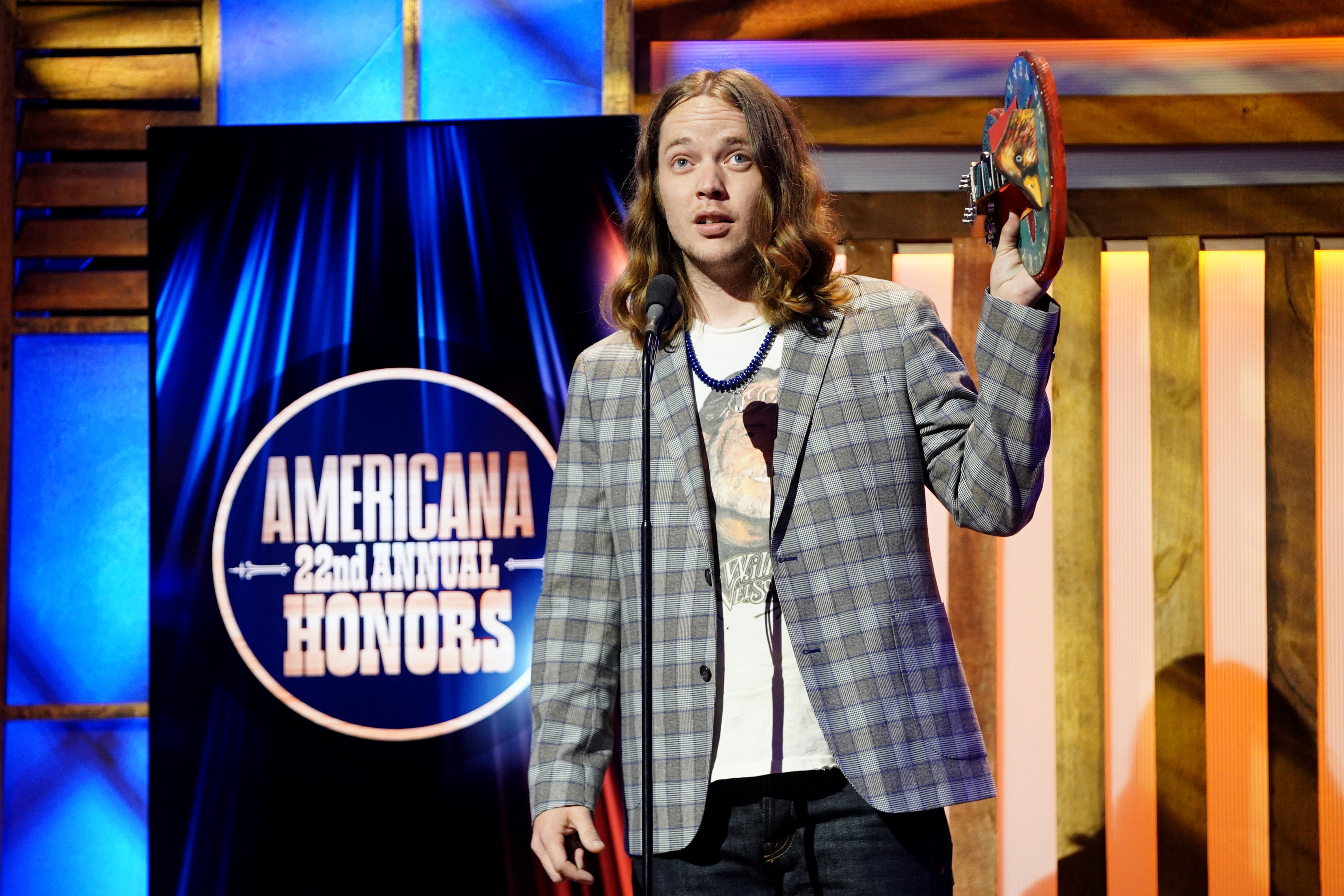 Billy Strings accepting an award at the Americana Honors & Awards at Nashville's Ryman Auditorium on September 20, 2023