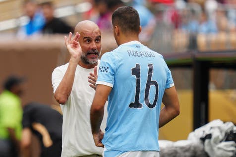 <p>Manchester City manager Pep Guardiola brought on Rodri against Wydad Casablanca (Derik Hamilton/AP)</p>