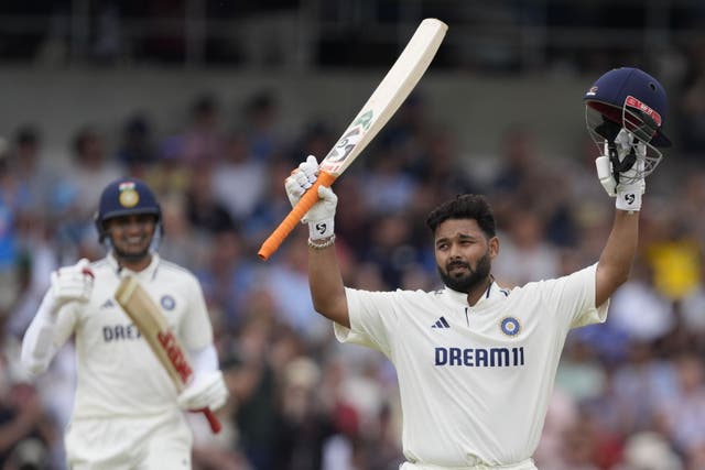 Rishabh Pant celebrates scoring his century in acrobatic style at Headingley (Danny Lawson/PA)