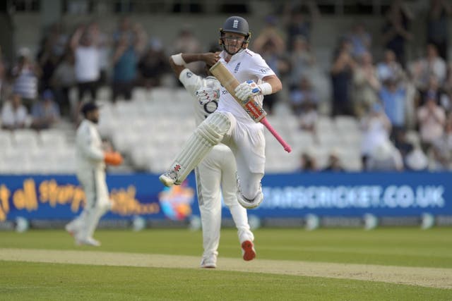 <p>Ollie Pope jumps for joy after reaching his ton</p>