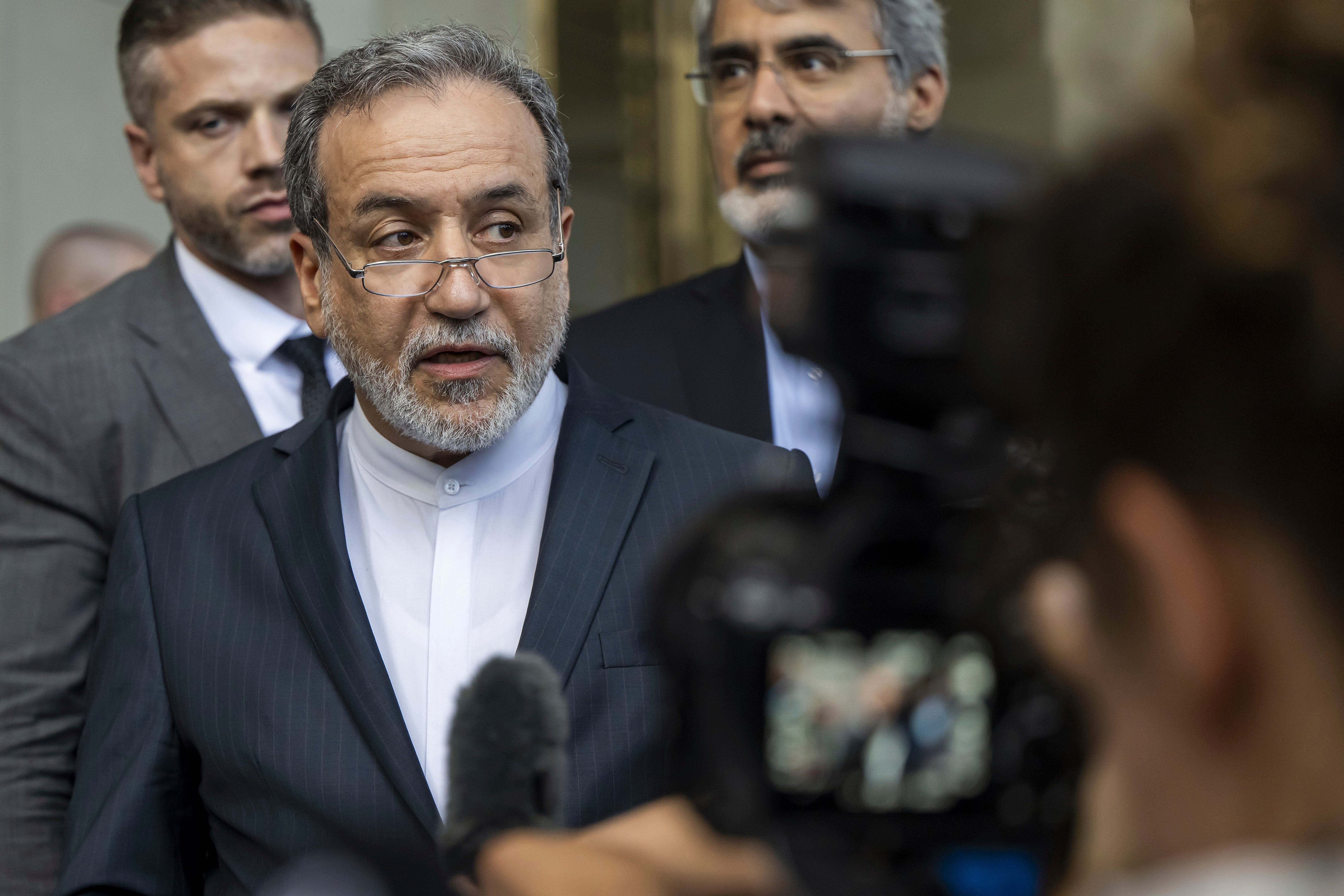 Iranian foreign minister Abbas Araghchi speaks to the media after an Iran-EU nuclear meeting in Geneva on Friday