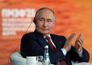 Russian President Vladimir Putin encourages June 20 at a full session of the St. Petersburg International Economics Assembly (SPIRA) in St. Petersburg, Russia, June 20