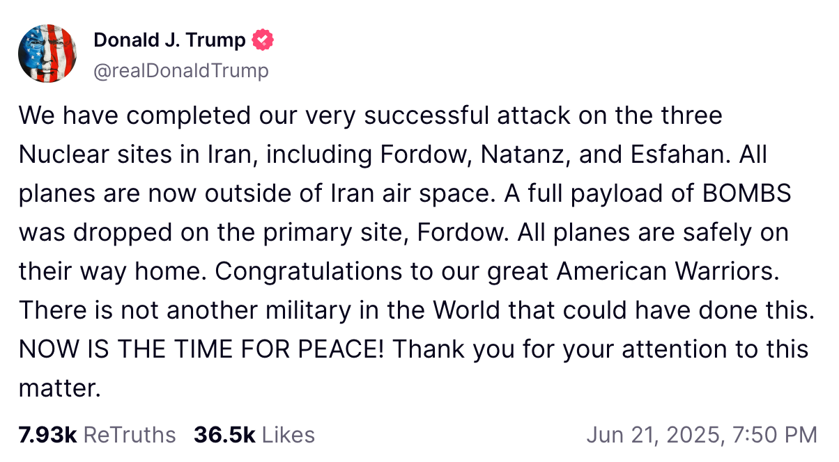 President Donald Trump announced through the truth of social that the United States attacked three nuclear pages in Iran