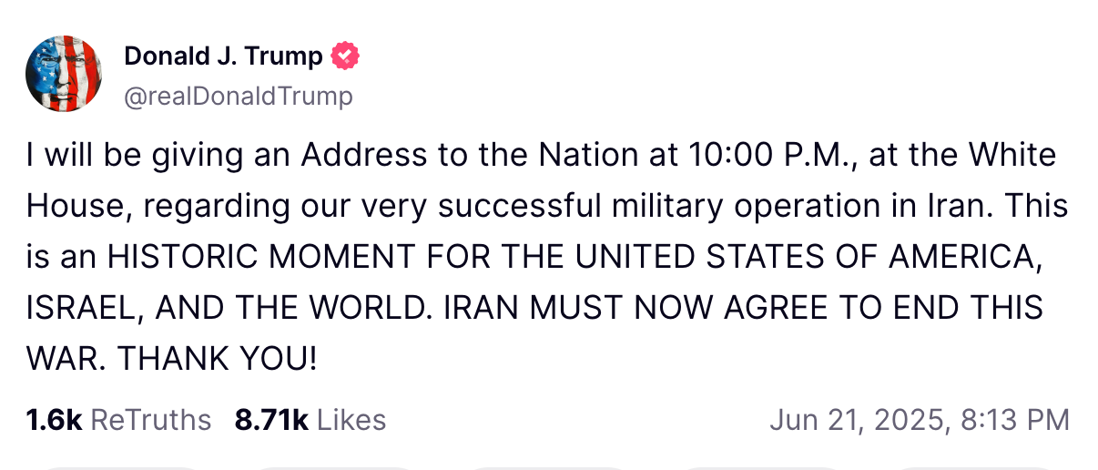 The President Donald Trump said he would address the nation in 22 hours in the post on the truth