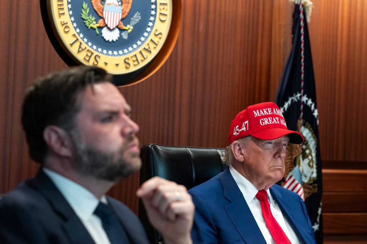 Vice President JD Vance and President Donald Trump in the Situation Room monitoring a U.S. military strike on Iranian nuclear facilities on June 21, 2025