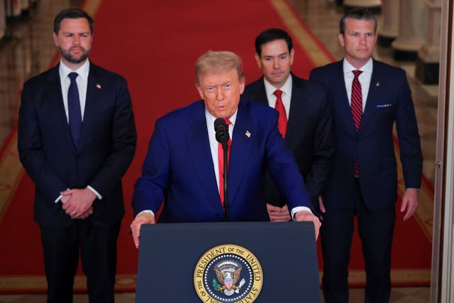 <p>Donald Trump speaks from the East Room of the White House in Washington, on Saturday, after the US military struck three Iranian nuclear and military sites</p>