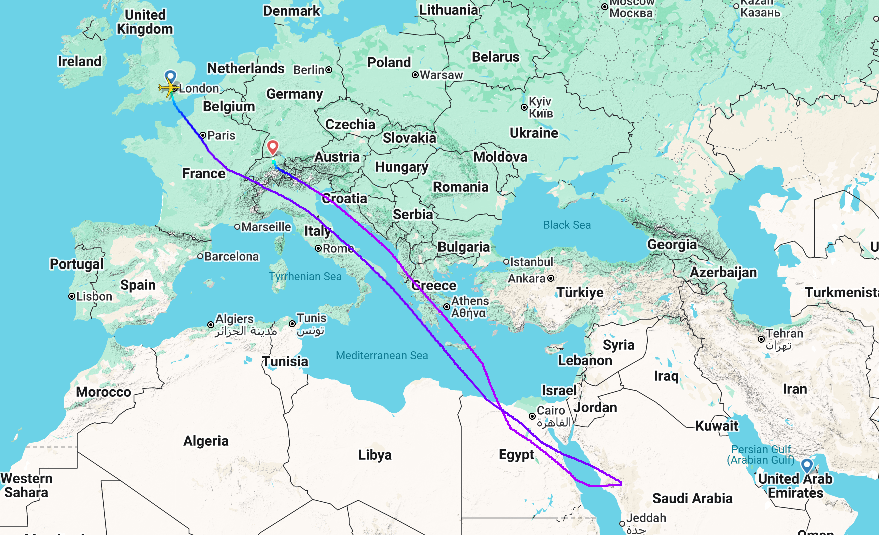 Flightpath of British Airways flight BA109 from London Heathrow to Dubai, which turned around over Saudi Arabia and returned as far as Zurich