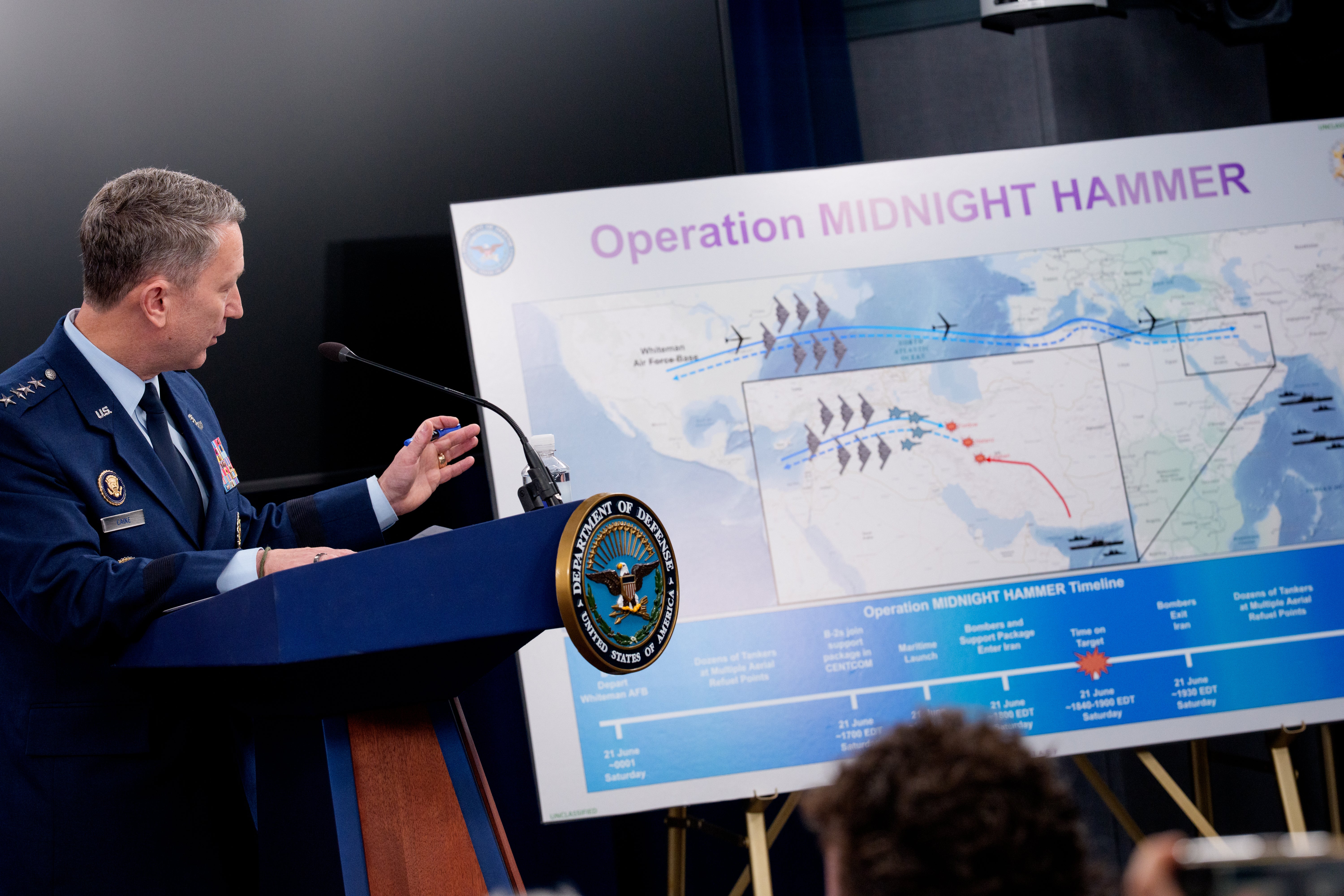 General Dan Caine gestures during a press conference at the Pentagon on June 22, a day after U.S. warplanes struck Iranian nuclear weapons sites