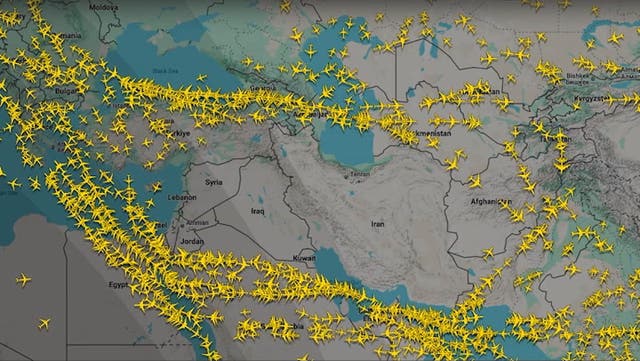 <p>Flight tracker shows airlines avoiding Middle East airspace after US bombs Iran.</p>