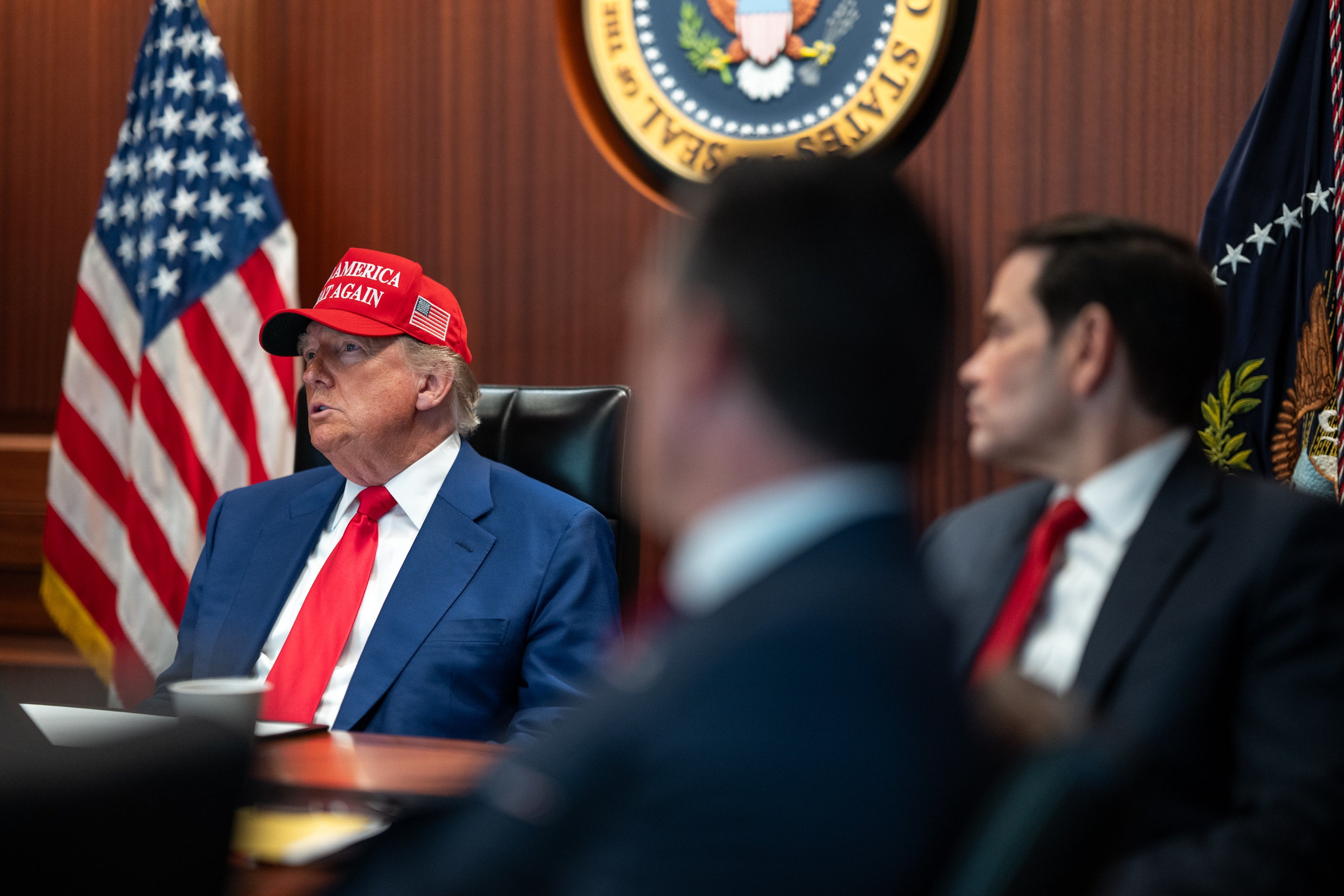 President Donald Trump and U.S. Secretary of State Marco Rubio in the Situation Room on June 21, 2025, as the U.S. military conducts strikes on Iranian nuclear facilities.