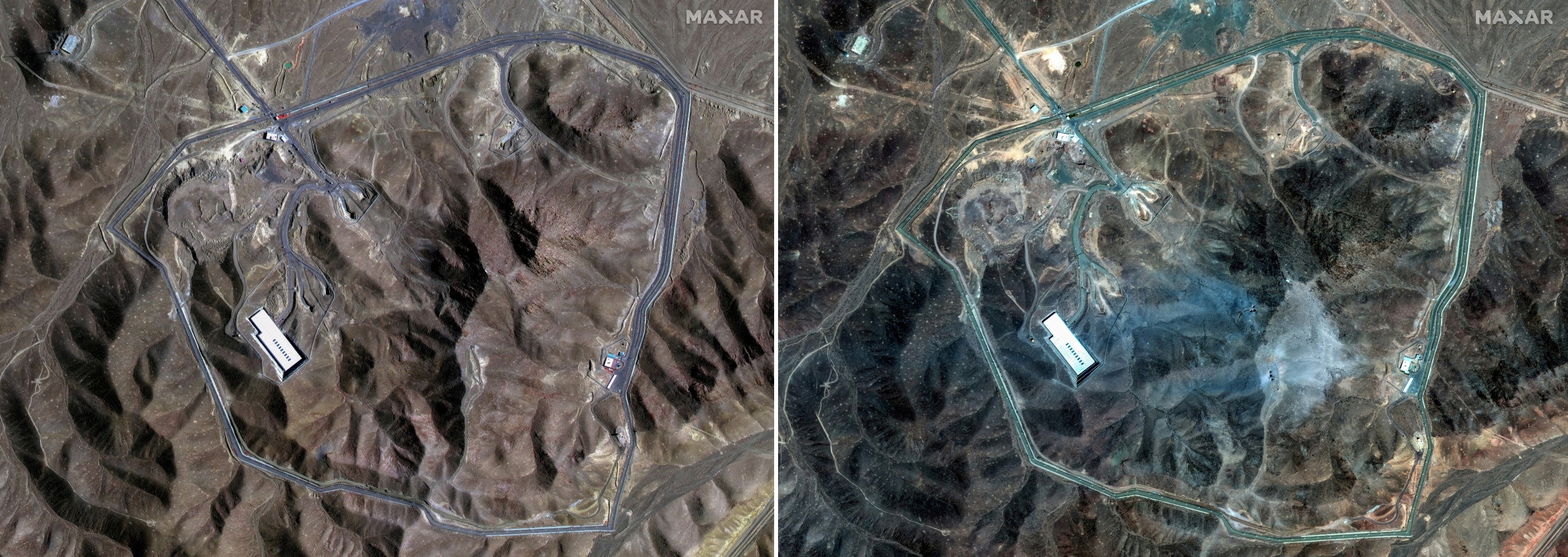 A combination picture shows satellite images over Fordow underground complex, before and after the US struck the underground nuclear facility, near Qom, Iran, 20 June (L) and 22 June
