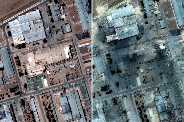 <p>Una imagen de satélite muestra un primer plano de los edificios del Centro de Tecnología Nuclear de Ispahán, antes de ser atacado por EE. UU. (izquierda) y después de los ataques (derecha)</p>
