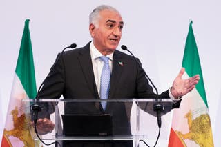 Iranian opposition leader and son of the last shah of Iran Mohammad Reza Pahlavi, Reza Pahlavi holds a press conference in Paris on 23 June 23, 2025