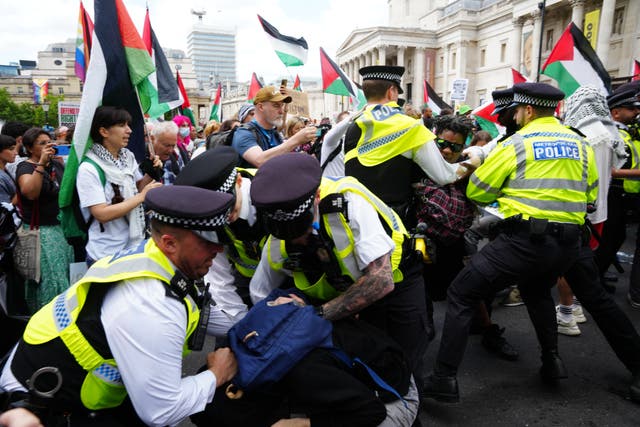 <p>A protest in support of Palestine Action in Trafalgar Square resulted in clashes with police</p>