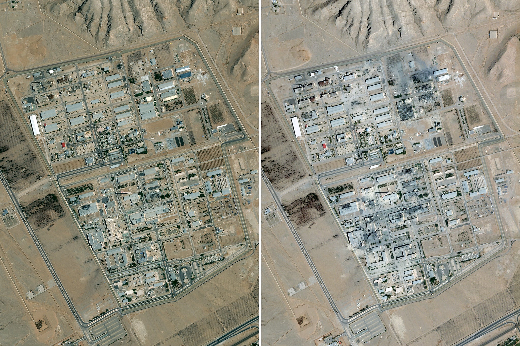 Nuclear Technology Center at Isfahan, Iran on 16 June, after being hit by Israel and 23 June 2025 after a US strike