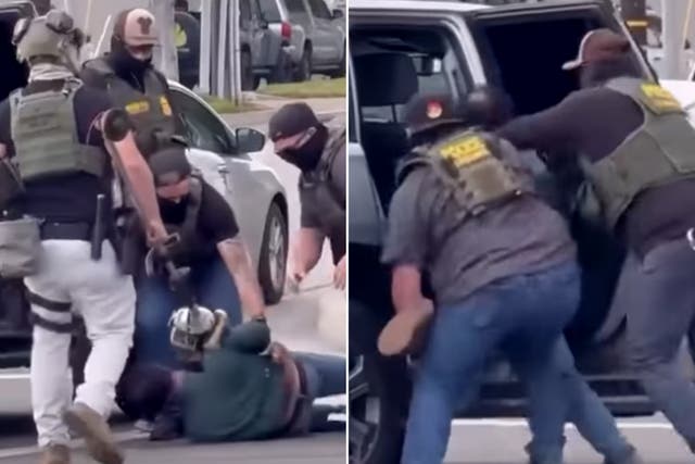 <p>Narciso Barranco was beaten by the side of the road in Santa Ana on Saturday by officials sporting CBP vests</p>