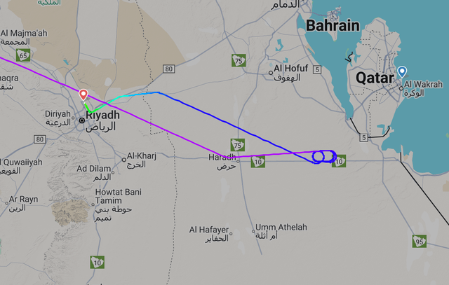 <p>No entry: Flightpath of Qatar Airways flight QR330 from Gatwick to Doha, diverted to the Saudi Arabian capital, Riyadh</p>
