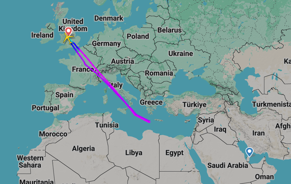 Monday night’s Qatar Airways flightpath from Birmingham to the Mediterranean and back