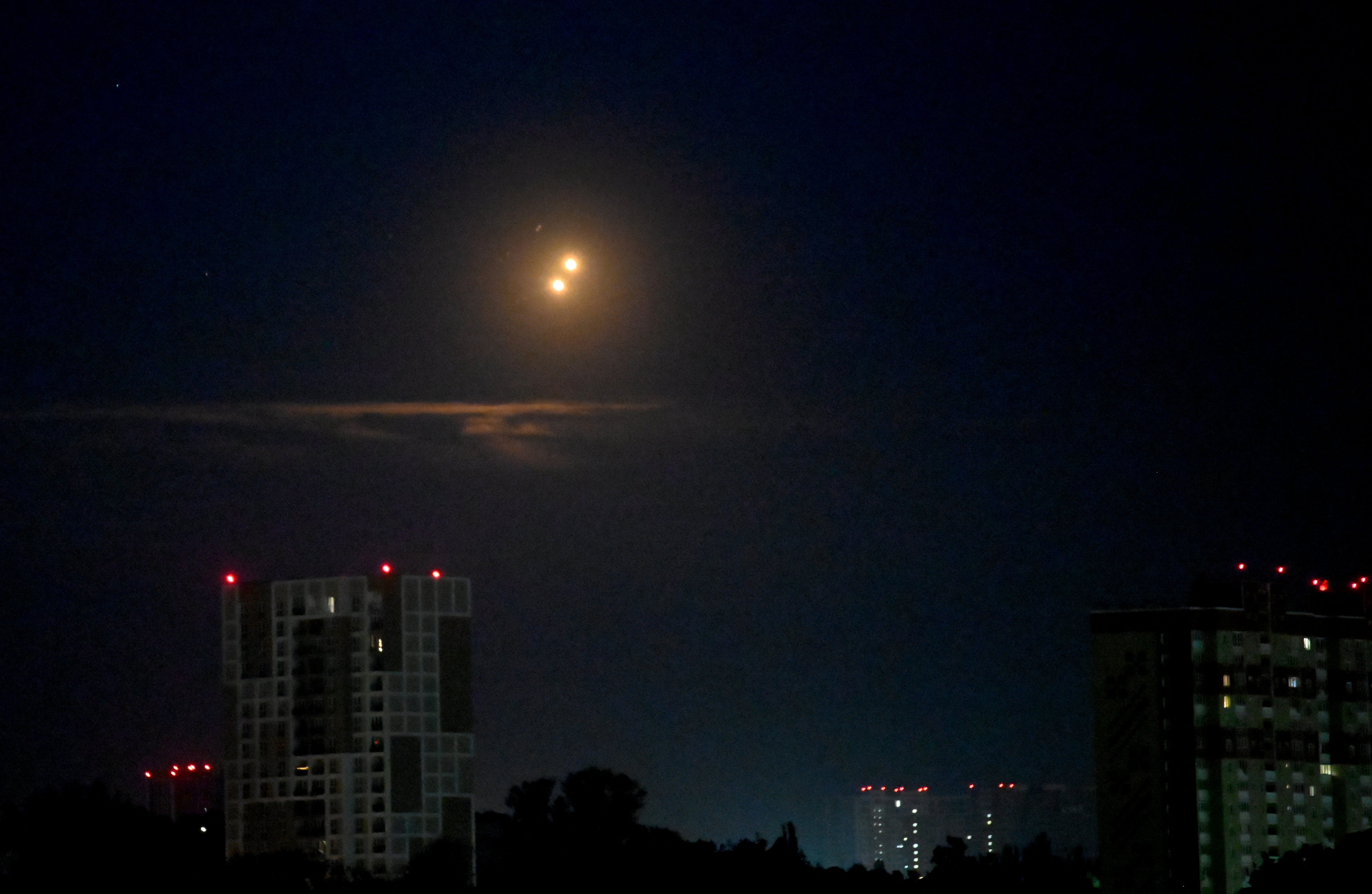 The Ukrainian air defence fires at Russian drones during a night strike on Kyiv on 23 June 2025