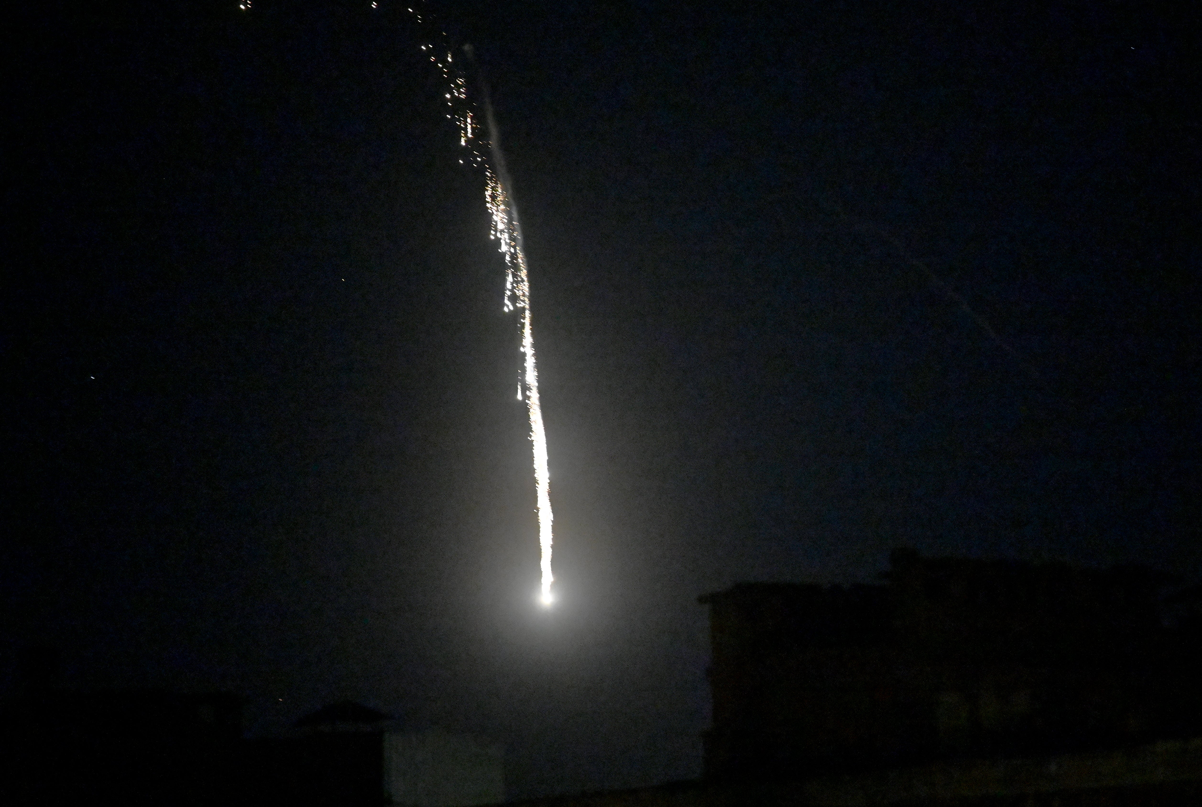 A Russian drone is shot down by Ukrainian air defences during a night strike on Kyiv on 23 June 2025