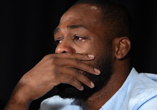 <p>Jon Jones during a press conference after failing a drug test in 2016</p>