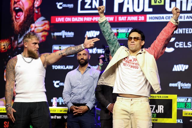 <p>Jake Paul (left) at a press conference with Julio Cesar Chavez Jr</p>