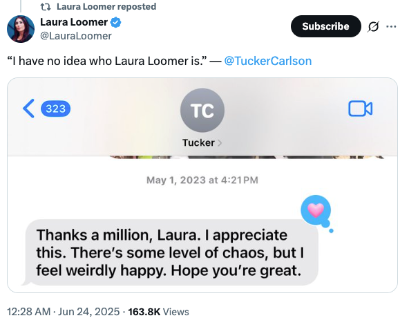 Laura Loomer shared an old text she claims is from Tucker Carlson after he claimed not to know her.