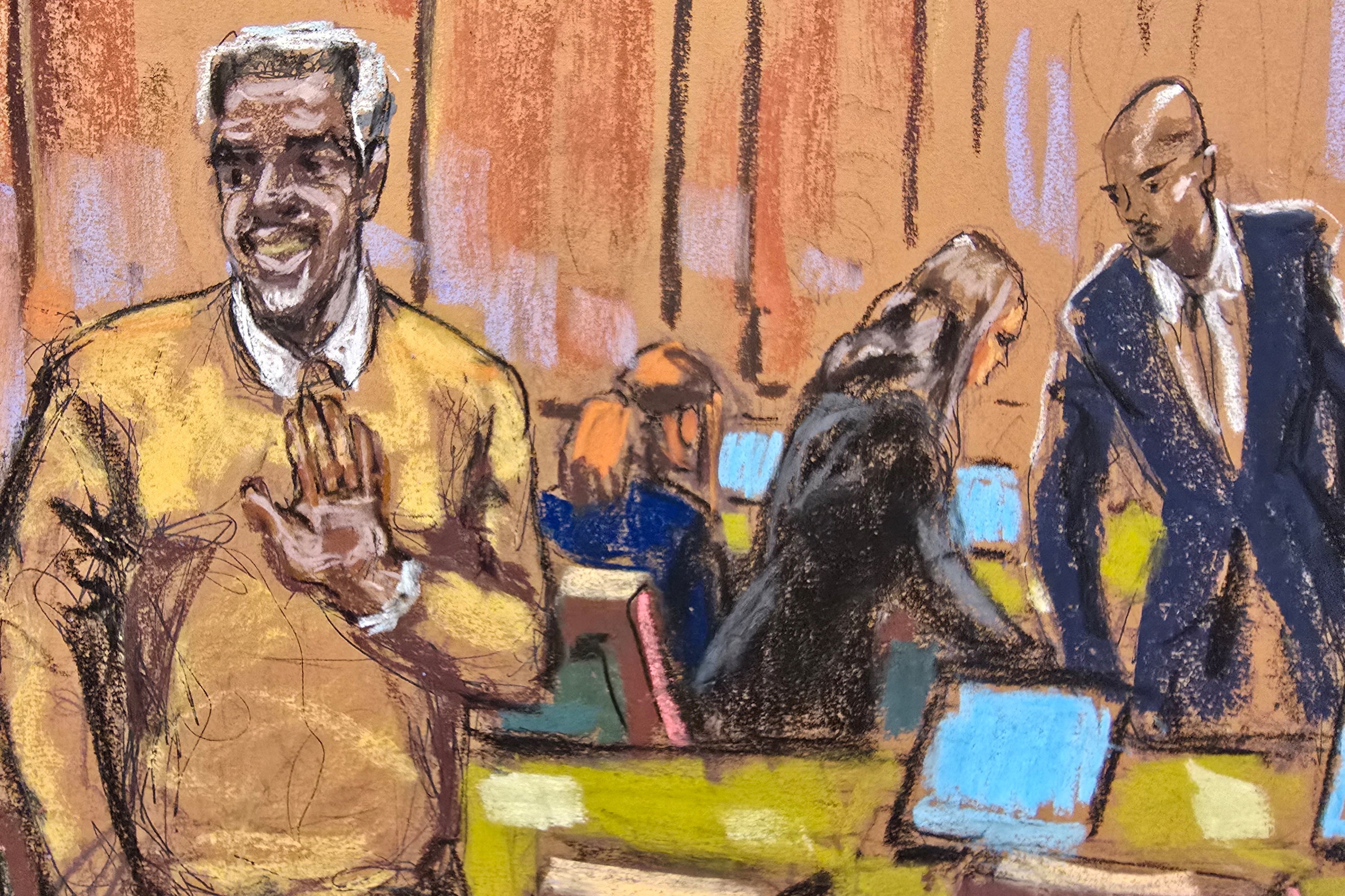 Sean ‘Diddy’ Combs appears at his trial on Monday, depicted by a courtroom sketch