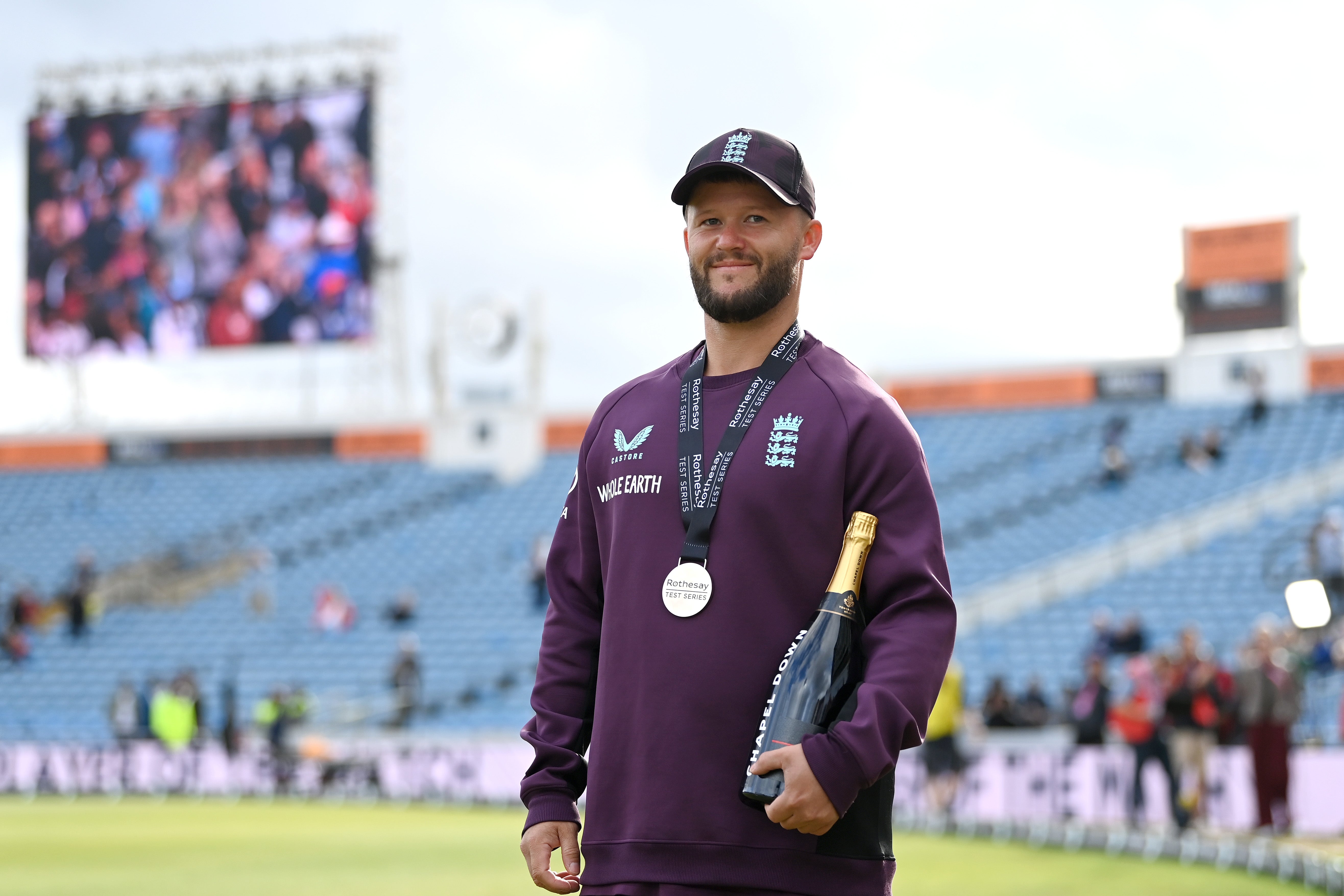 Player of the Match Ben Duckett poses after England's win over India