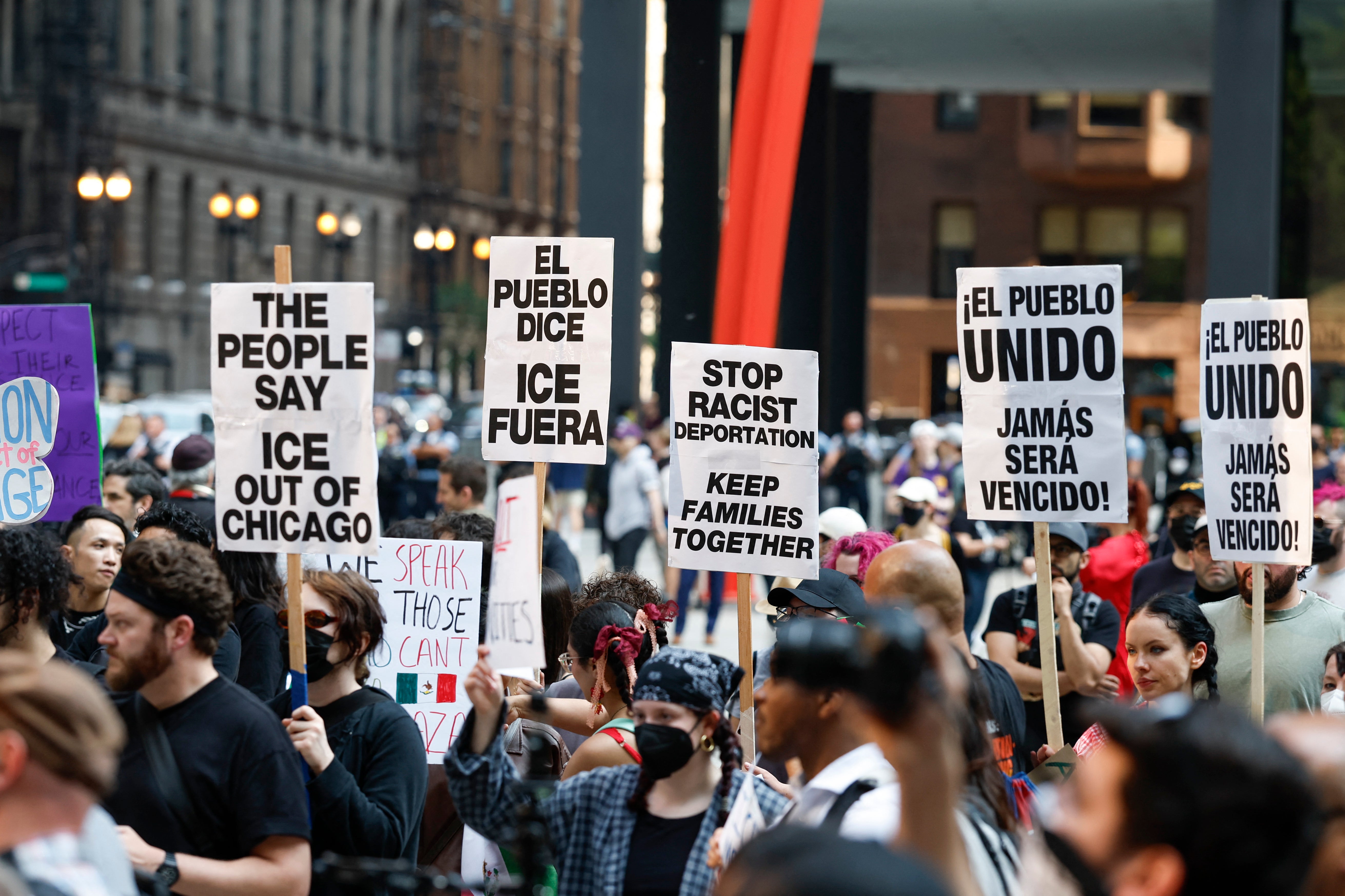 Demonstrators protest against ICE in response to federal immigration operations, outside Federal Plaza in Chicago, Illinois, on June 10, 2025.