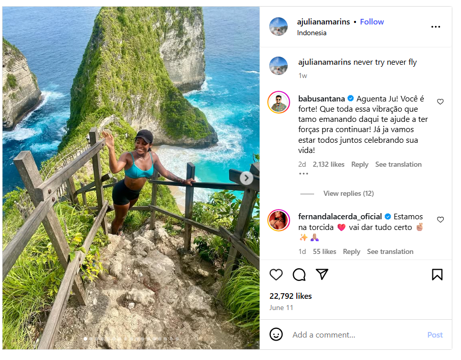 Juliana Marines, 26, posted a picture on Instagram captioning it as 'never try never fly'