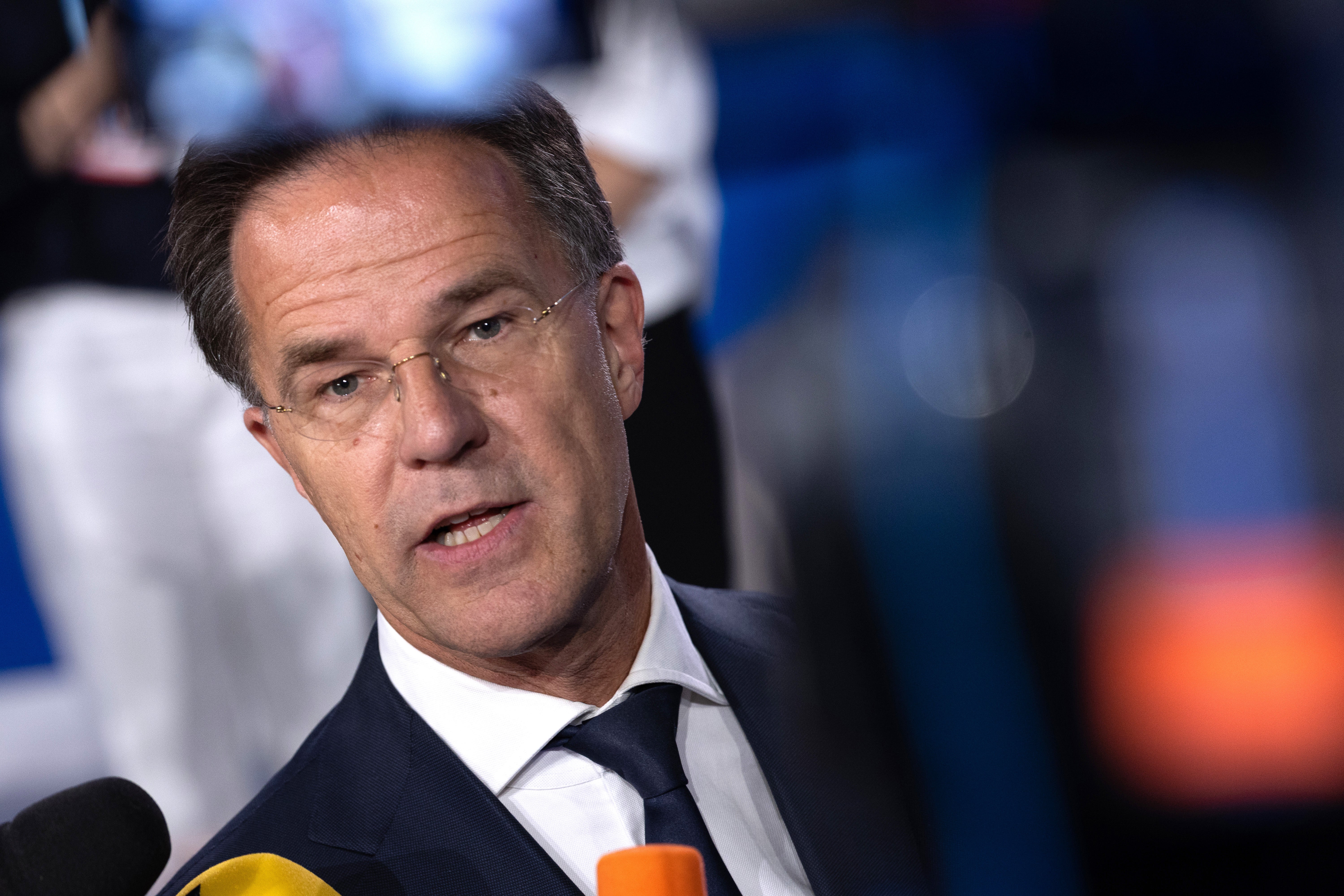 Nato secretary general Mark Rutte speaks to the press in the room where the Public Forum will be held during the Nato World Forum today
