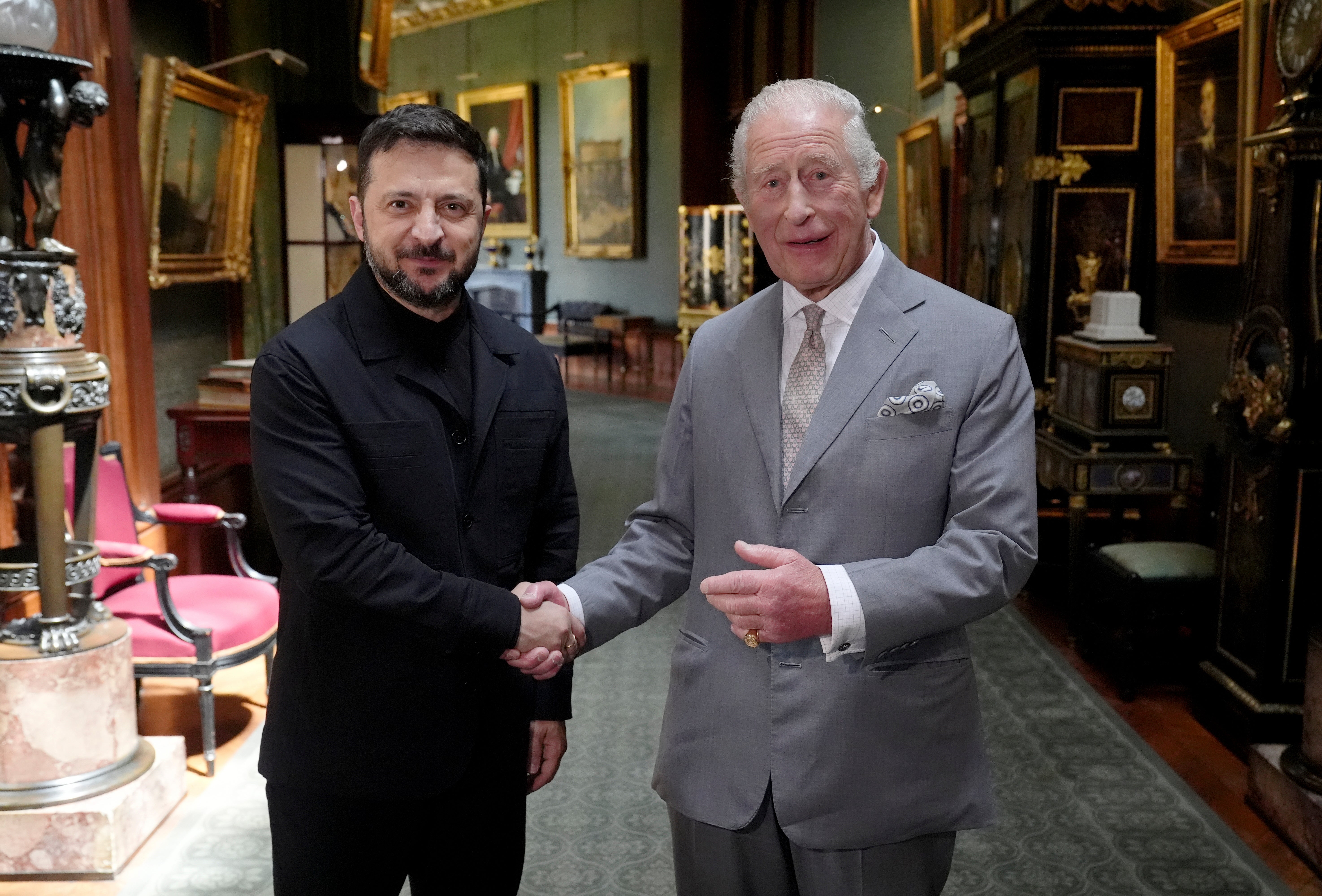 King Charles III during a meeting with Ukraine's president Volodymyr Zelensky at Windsor Castle in Berkshire
