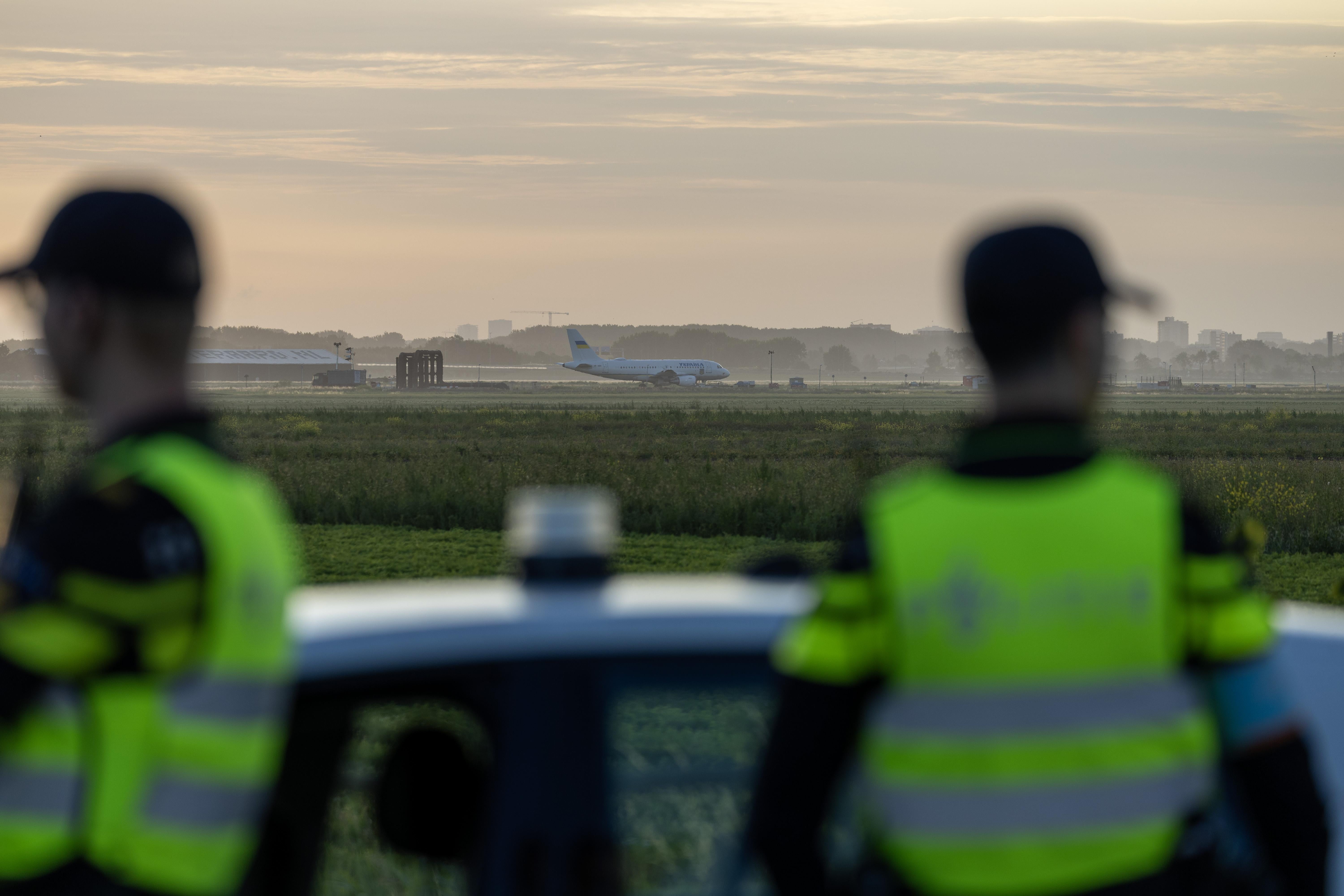 A plane from Ukraine is parked on the Polderbaan in the Netherlands at the area used for arrivals and departures of world leaders for the Nato summit