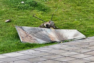 File: Fragments of the Ukrainian fallen drone, lie on the ground in Krasnogorsk, just outside Moscow