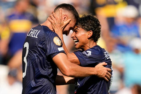 <p>Auckland City's Adam Mitchell, left, and Jerson Lagos celebrate after the Club World Cup Group C soccer match between Auckland City and Boca Juniors in Nashville, Tenn., Tuesday, June 24, 2025. (AP Photo/George Walker IV)</p>
