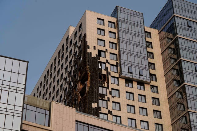 <p>A multi-storey building is seen damaged by a Russian drone strike on Kyiv, Ukraine, Tuesday, June 10, 2025. (AP Photo/Evgeniy Maloletka, file)</p>