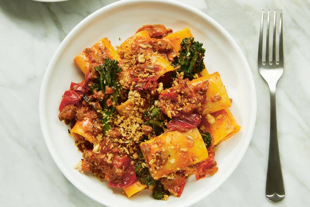 <p>Paccheri never looked so punchy – this fiery, boozy pasta is all about maximum flavour with minimal effort</p>