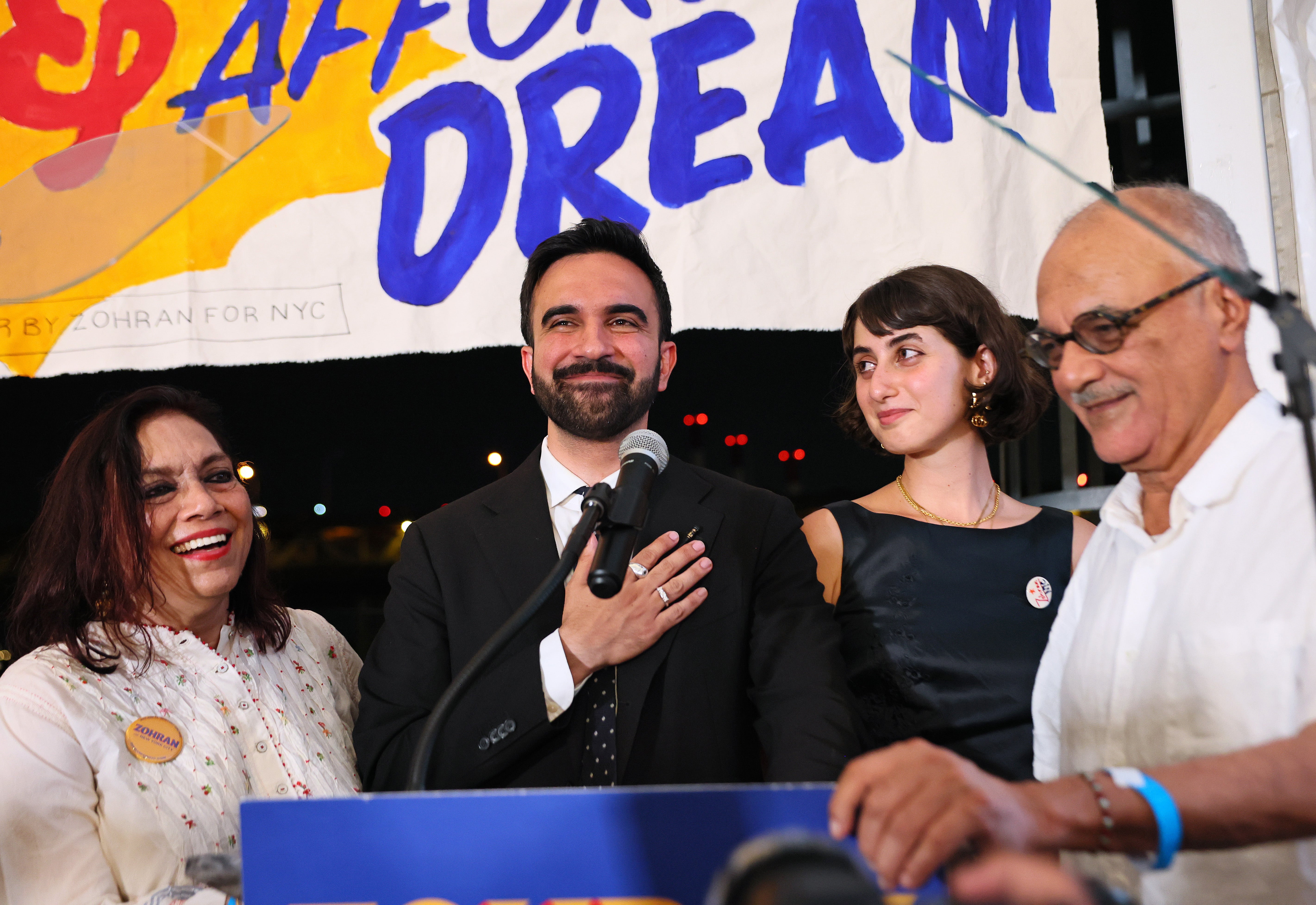 Zohran Mamdani and his wife, Rama Duwaji, celebrate his primary victory with his parents