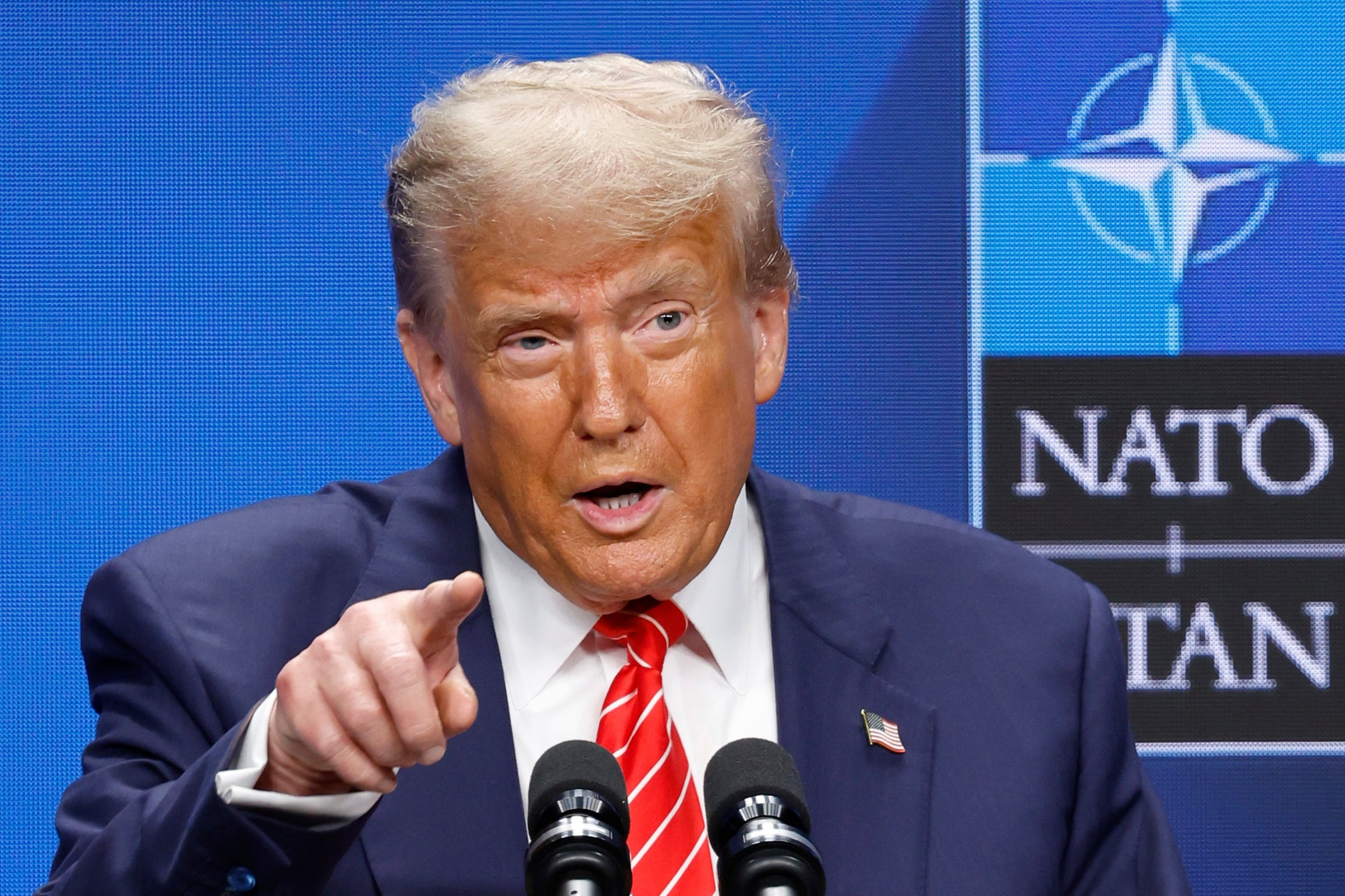 Donald Trump speaks during a press conference during the Nato summit in the Hague