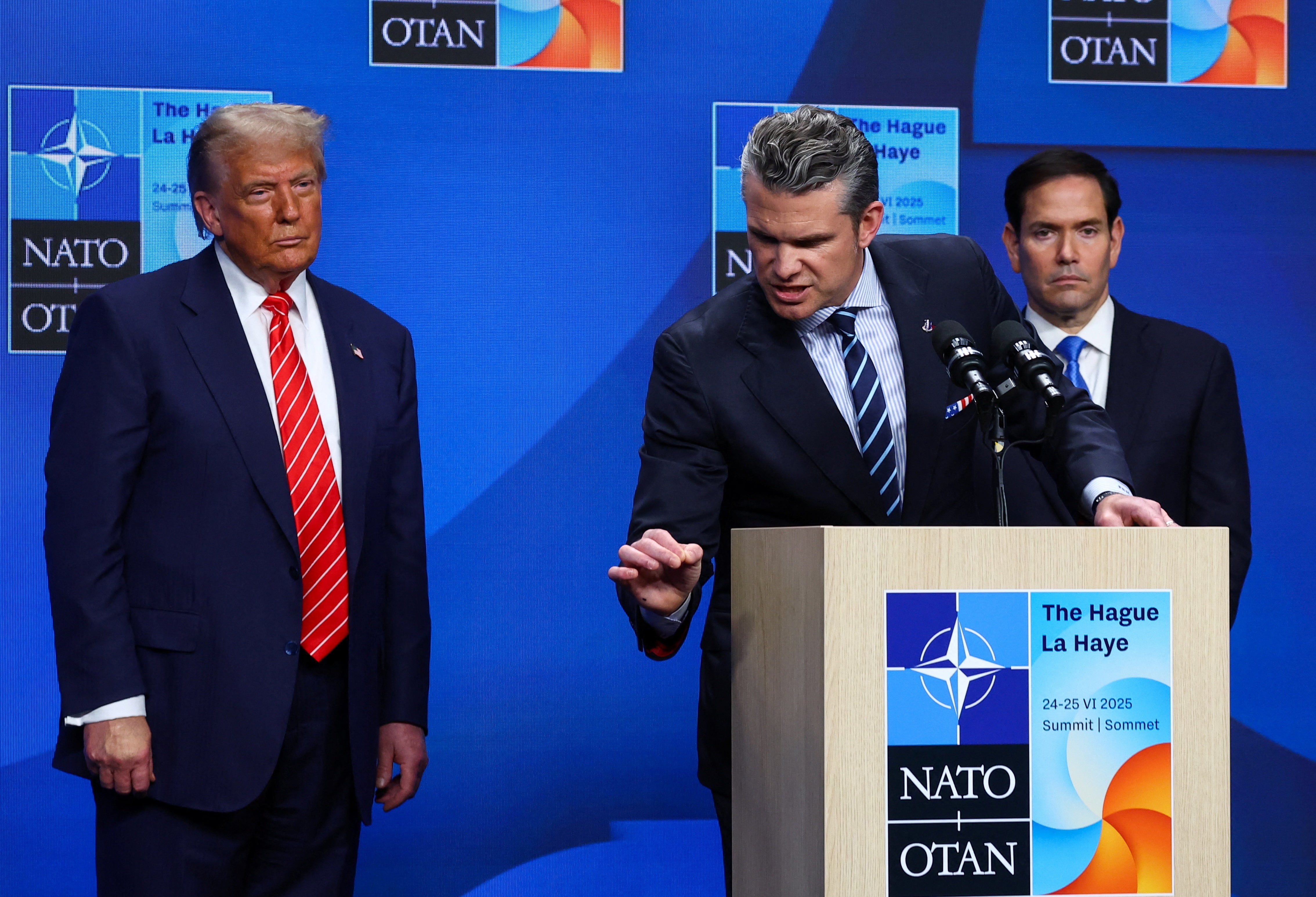 President Donald Trump, Defense Secretary Pete Hegseth, and Secretary of State Marco Rubio at the 2025 NATO Summit at The Hague