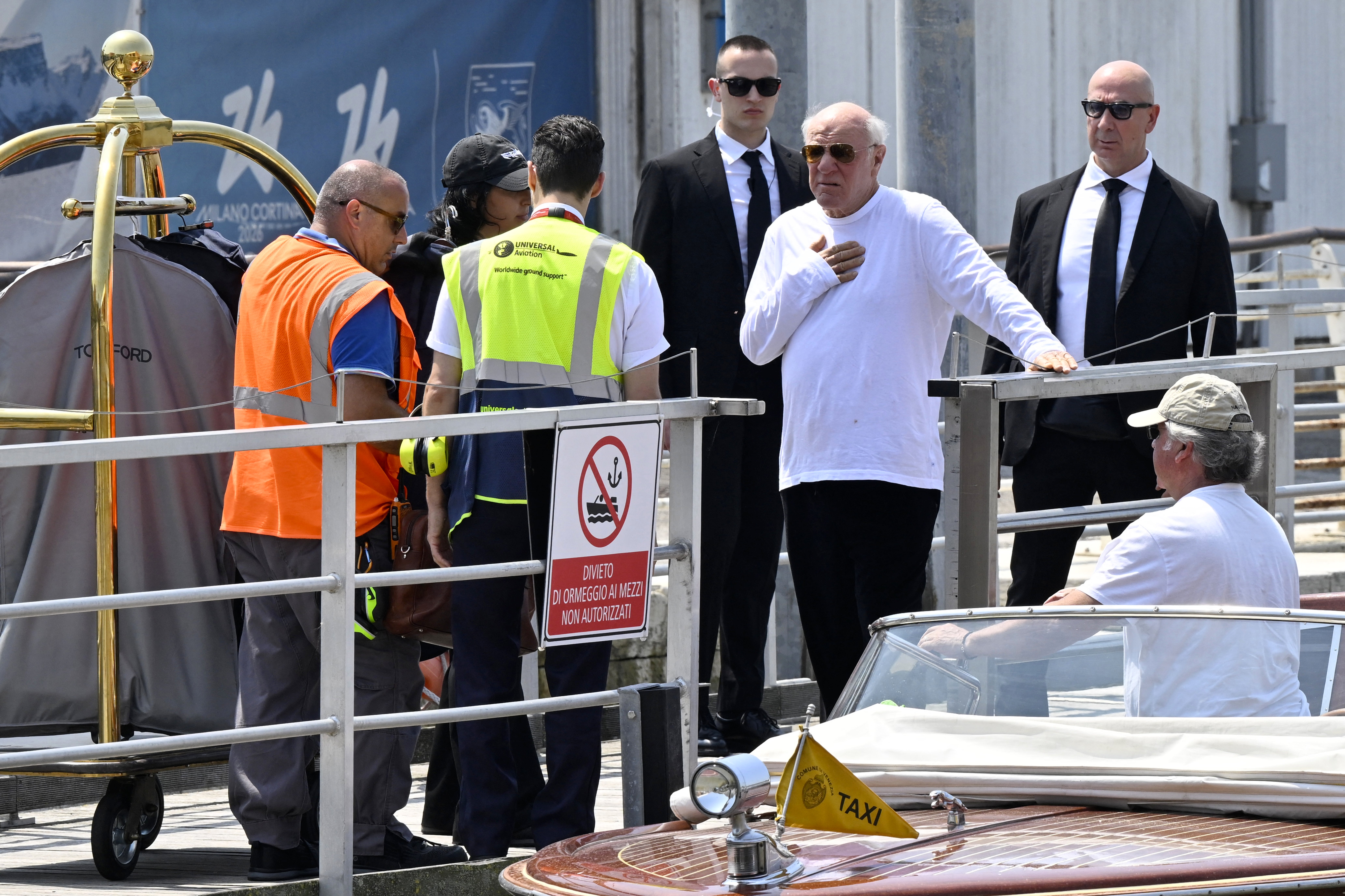 Barry Diller boards a taxi-boat after his arrival at Venice Marco Polo airport ahead of Jeff Bezos' wedding